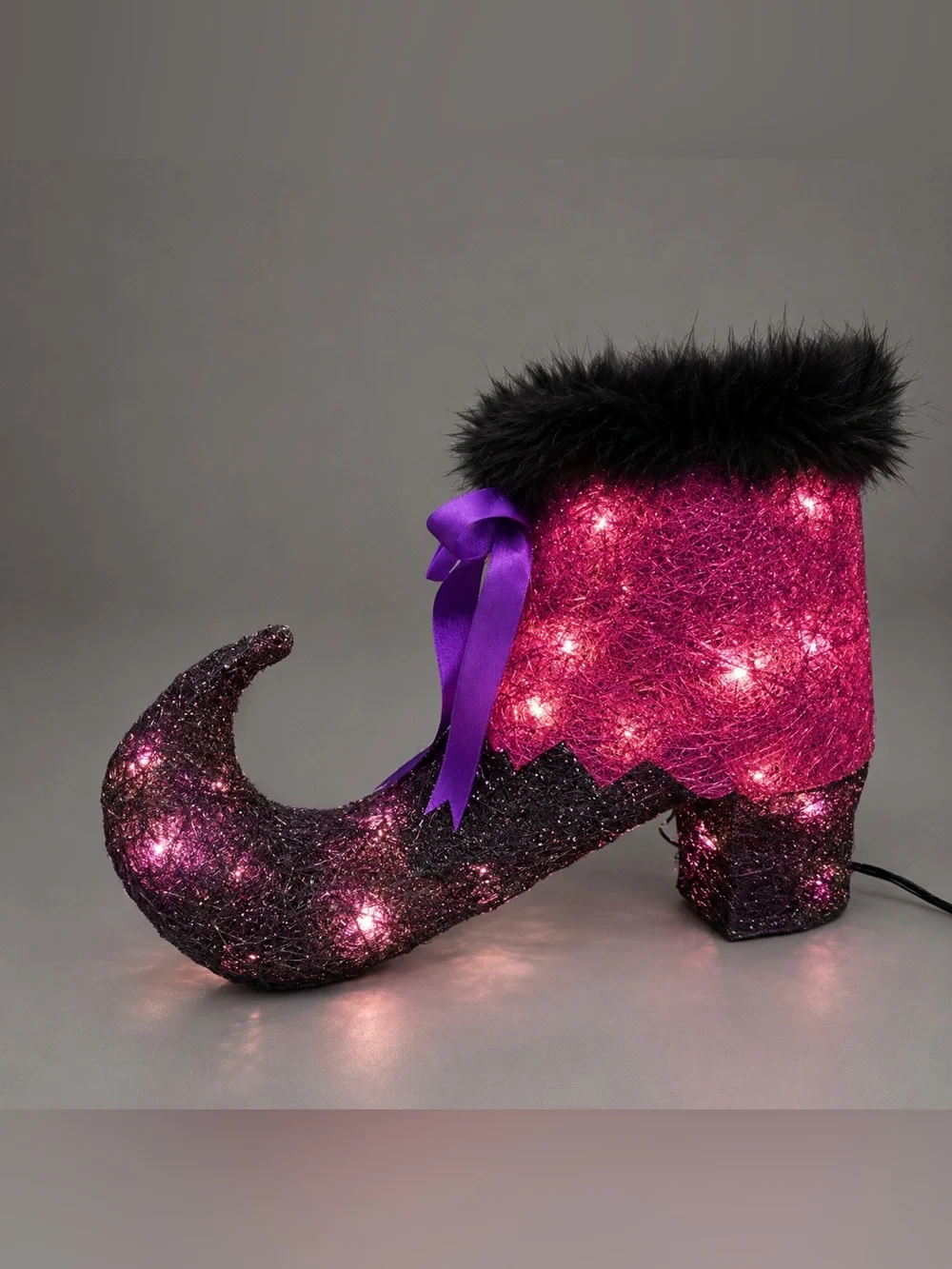 Lighted Halloween Witch Boot Decoration Purple Black Feathers 13” x 9”
